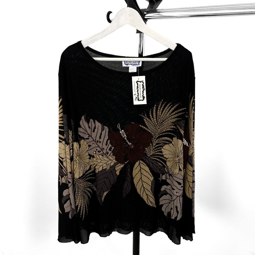 Kokomo Unlimited Women's Beaded Floral Blouse - Black, Size 1X,  New